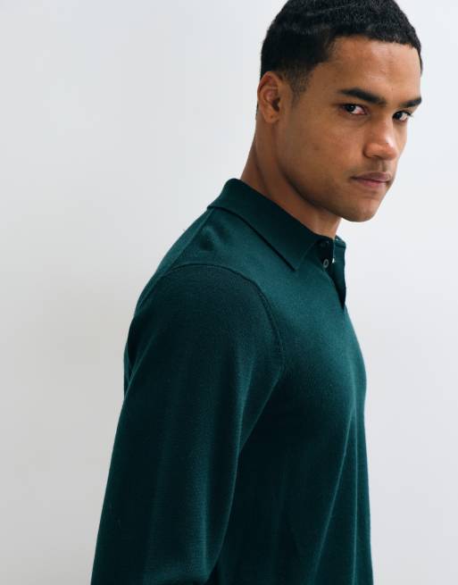 ASOS DESIGN knitted merino long sleeve polo in green, 4 of 5