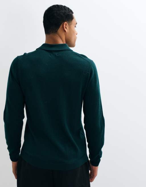 ASOS DESIGN knitted merino long sleeve polo in green, 5 of 5