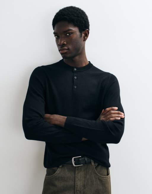ASOS DESIGN knitted merino wool henley in black, 2 of 5