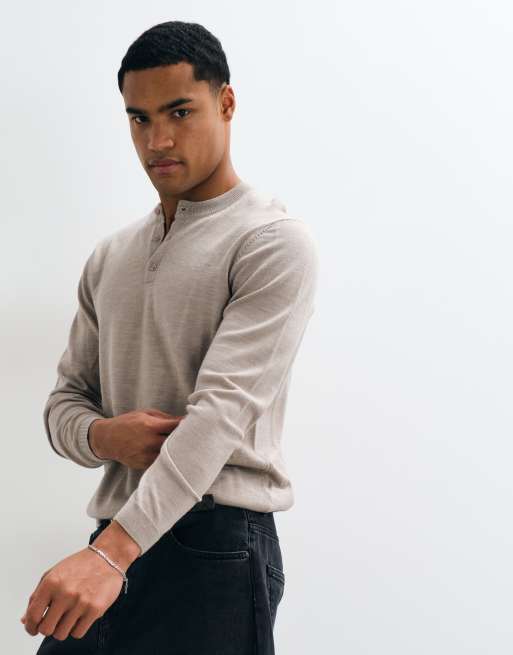 ASOS DESIGN knitted merino wool henley in taupe, 3 of 5