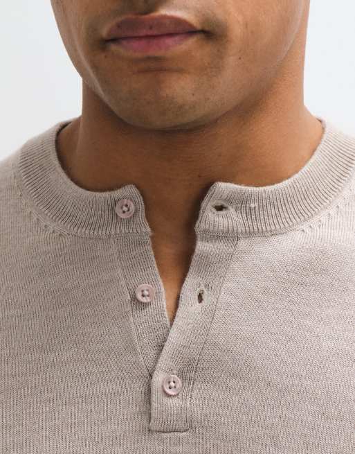ASOS DESIGN knitted merino wool henley in taupe, 4 of 5