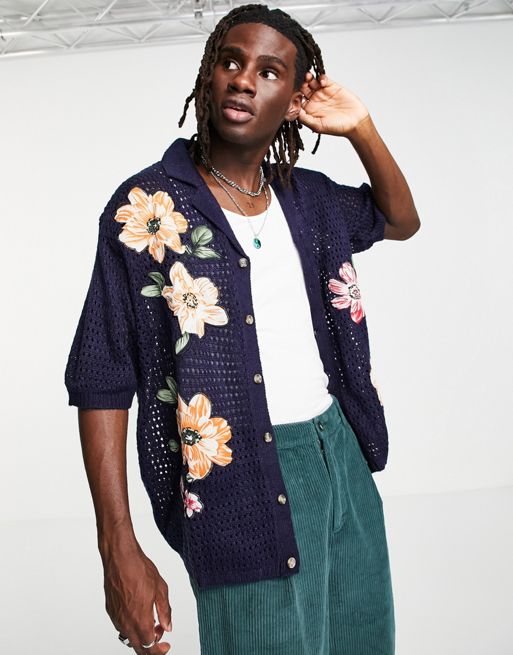ASOS DESIGN knitted mesh button through shirt with woven florals in navy