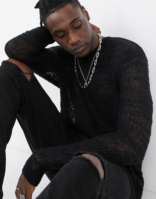ASOS DESIGN knitted mesh jumper in black