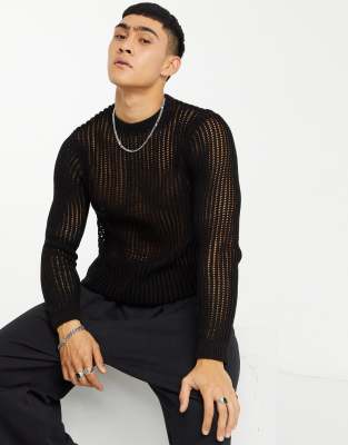 black knit mesh leaf design jumper