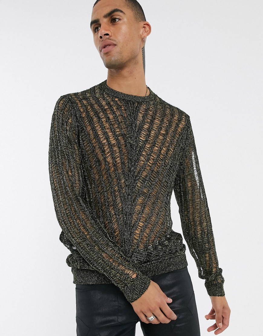 ASOS DESIGN knitted mesh jumper in metallic yarn-Gold