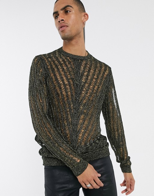 ASOS DESIGN knitted mesh jumper in metallic yarn