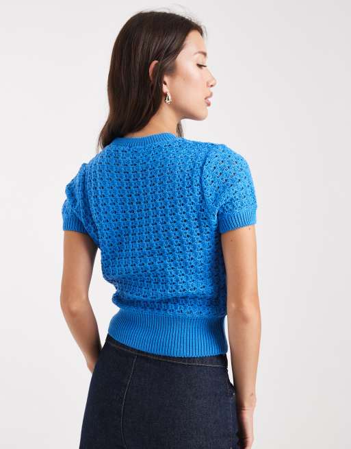 ASOS DESIGN knitted mesh stitch t shirt in blue, 2 of 4