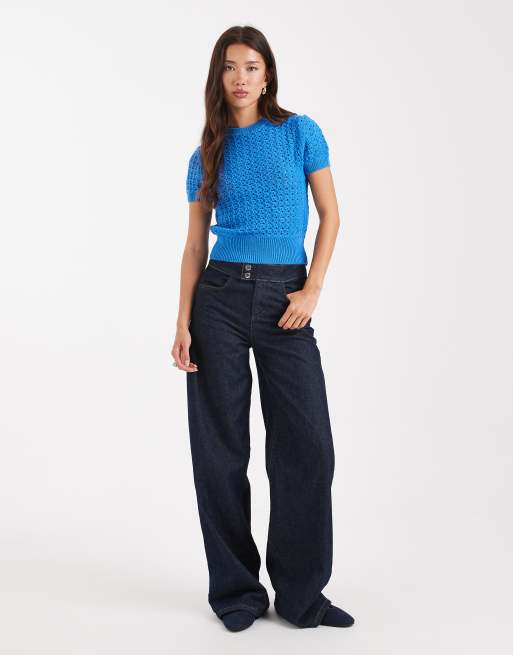 ASOS DESIGN knitted mesh stitch t shirt in blue, 3 of 4