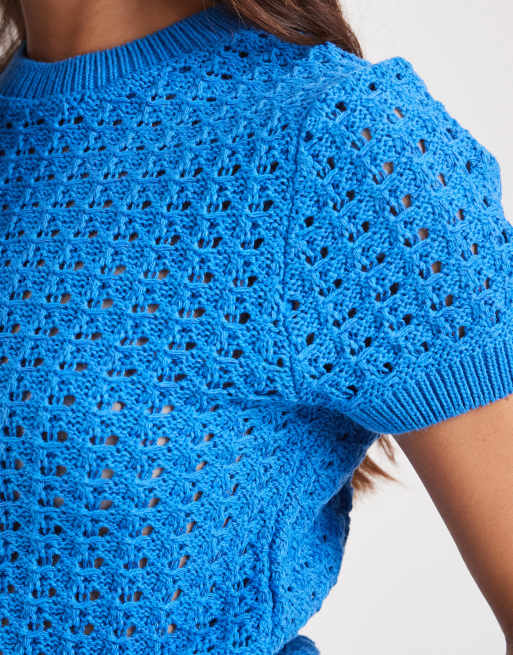 ASOS DESIGN knitted mesh stitch t shirt in blue, 4 of 4