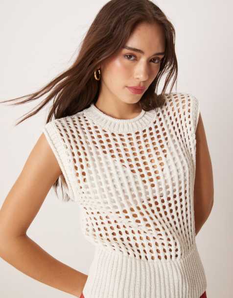 ASOS DESIGN knitted mesh stitch vest top in white - view 1