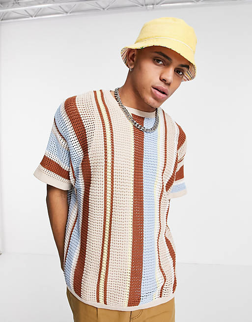 ASOS DESIGN knitted mesh t-shirt in mutlicolour stripes