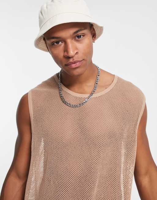 ASOS DESIGN knitted mesh tank top in beige ASOS
