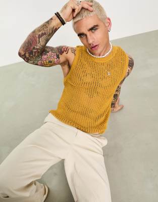 ASOS DESIGN knitted mesh vest in mustard