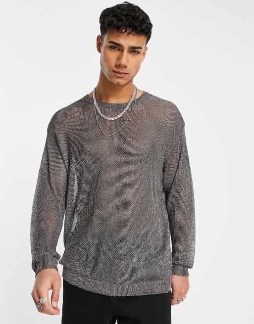 ASOS DESIGN knitted metallic mesh long sleeve jumper in black