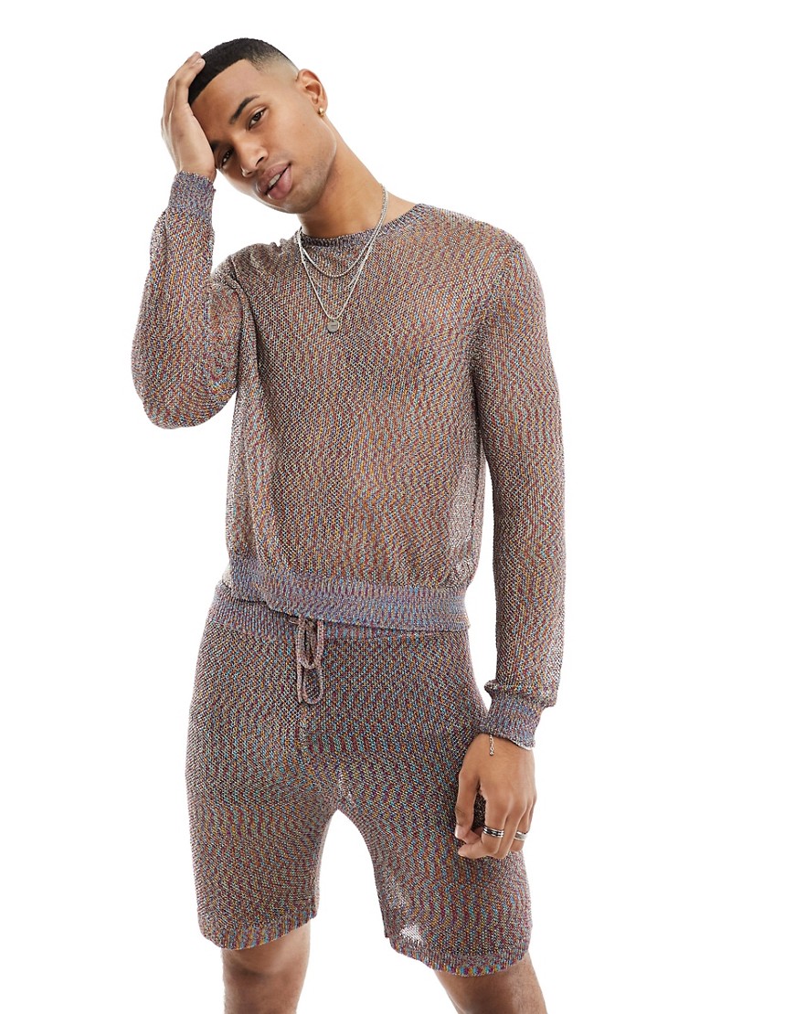 ASOS DESIGN knitted metallic mesh long sleeve jumper in multi
