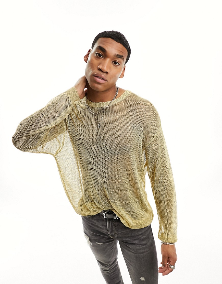 Asos Design Knitted Metallic Mesh Long Sleeve Sweater In Gold
