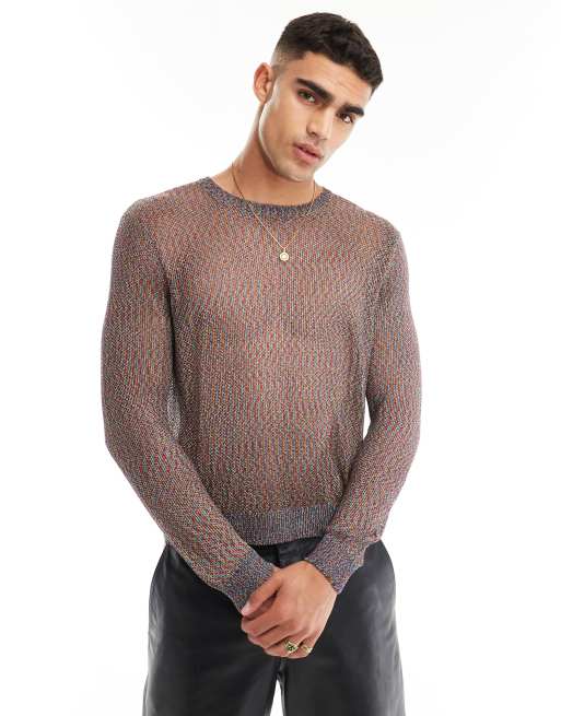 ASOS DESIGN knitted metallic mesh long sleeve sweater in multi