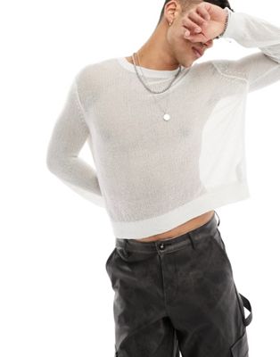 Asos Design Knitted Metallic Mesh Long Sleeve Sweater In White