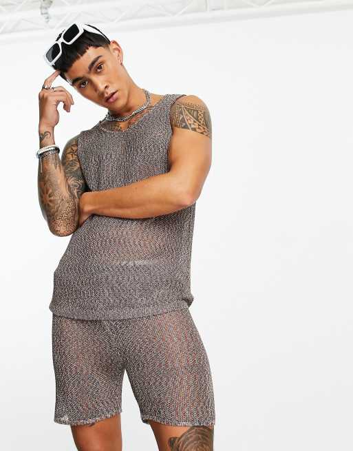 ASOS DESIGN knitted metallic mesh rainbow singlet (part of a set)