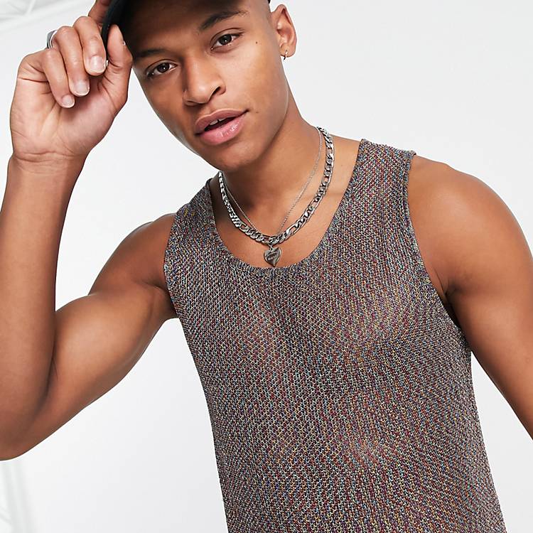 ASOS DESIGN knitted two-piece mesh tank in gold