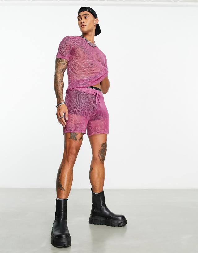 ASOS DESIGN knitted metallic mesh short in pink - part of a set