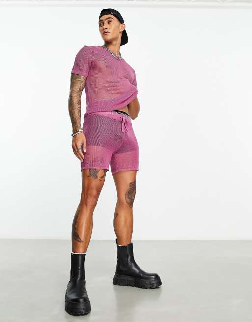 ASOS DESIGN knitted metallic mesh shorts in pink (part of a set)