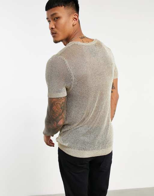 ASOS DESIGN long sleeve t-shirt in metallic mesh