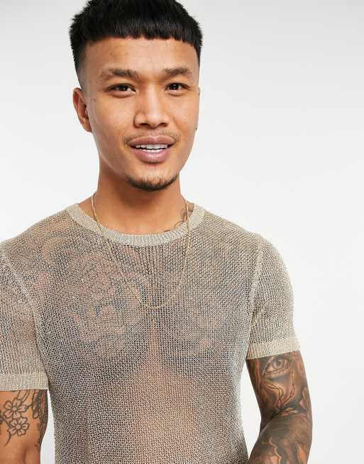 ASOS DESIGN knitted metallic mesh t shirt in gold yarn