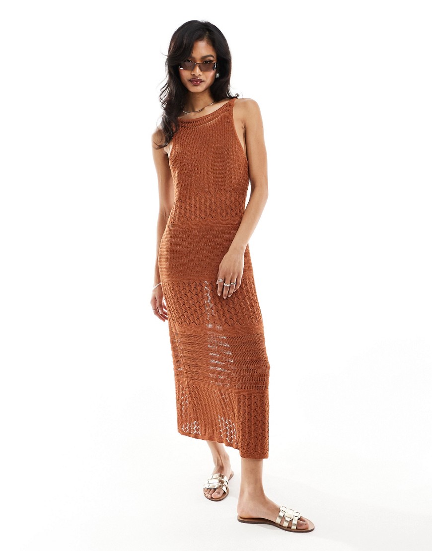 ASOS DESIGN knitted metallic midi dress with stitch detail in rust-Brown
