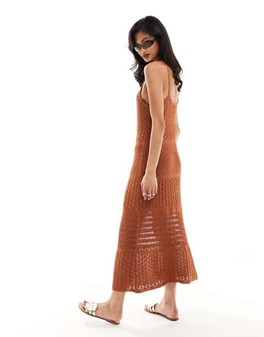 ASOS DESIGN knitted metallic midi dress with stitch detail in rust | ASOS