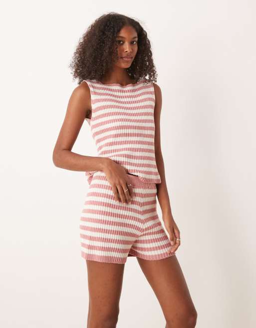 ASOS DESIGN knitted micro short co-ord in pink stripe, 2 of 5