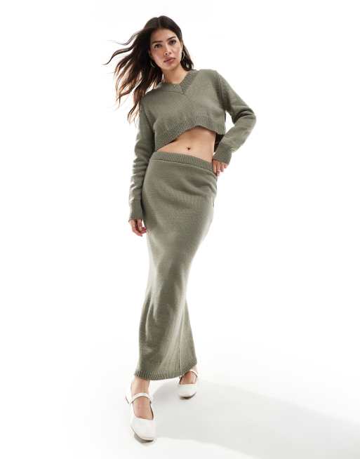 ASOS DESIGN knitted midaxi skirt in khaki (part of a set)