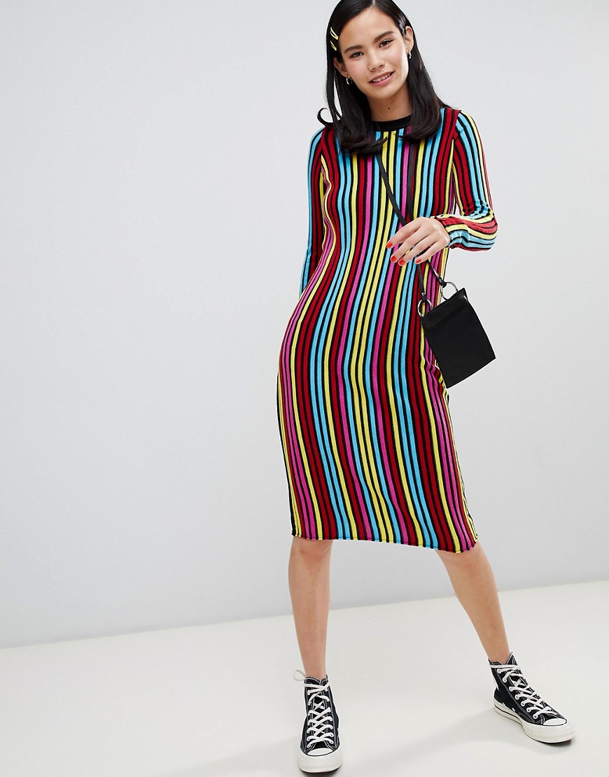 ASOS DESIGN knitted midi dress in bright stripe with long sleeve-Multi