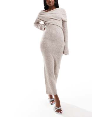 knitted midi dress with bardot wrap detail in stone-Neutral