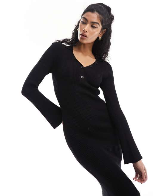 ASOS DESIGN knitted midi dress with button through collar detail