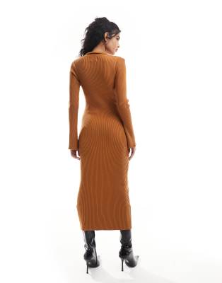 ASOS DESIGN knitted midi dress with button through collar detail in  terracotta