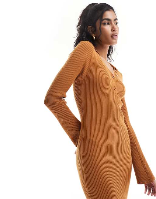 ASOS DESIGN knitted midi dress with button through collar detail in terracotta