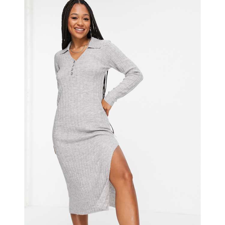 ASOS DESIGN knitted midi dress with collar and button front in gray