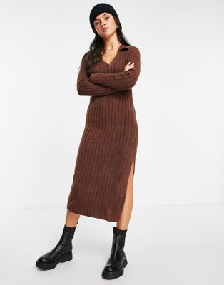 ASOS DESIGN knitted midi dress with collar and button front in rust - ASOS Price Checker