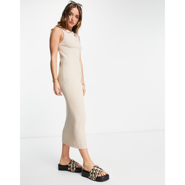 ASOS DESIGN knitted midi dress with collar and button through in cream