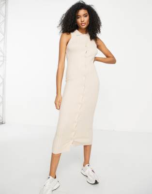 ASOS DESIGN knitted midi dress with collar and button through in cream