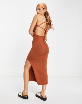 ASOS DESIGN knitted midi dress with cross back tie detail in brown | ASOS