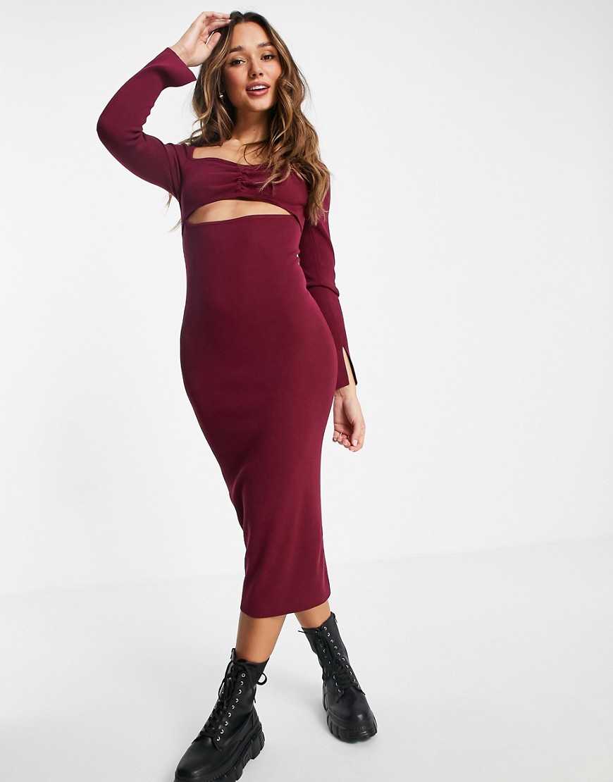 ASOS DESIGN knitted midi dress with cut out detail in dark red