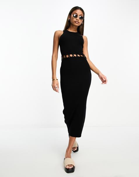 Black Structured Snatched Rib Asymmetric Strap Bodycon Dress