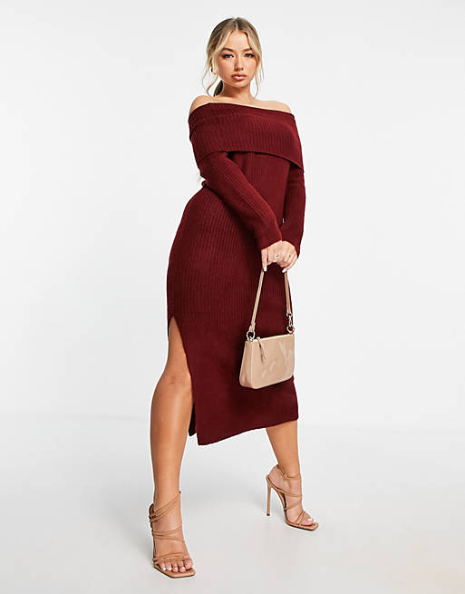 ASOS DESIGN knitted midi dress with off shoulder in dark red
