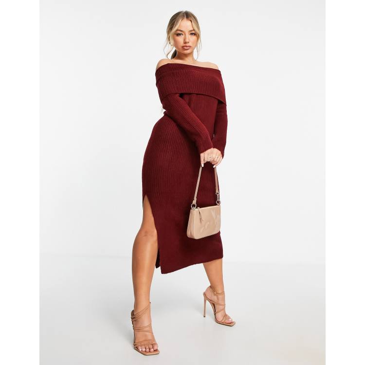 ASOS DESIGN knitted midi dress with off shoulder in dark red