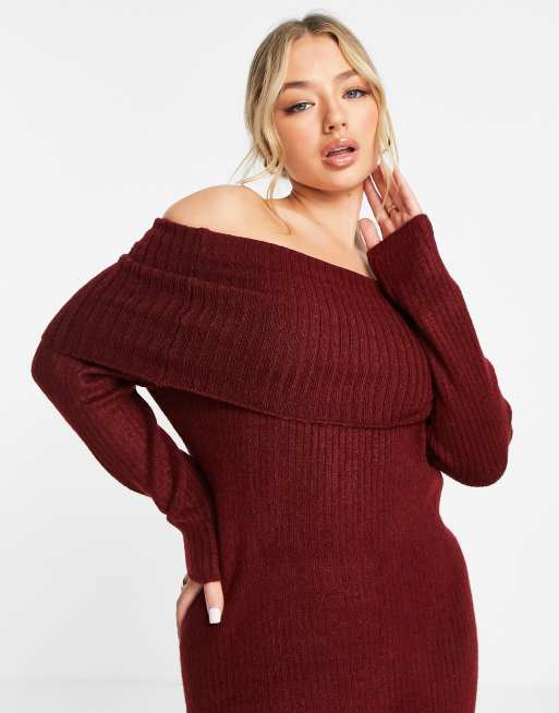 ASOS DESIGN sheer knitted off shoulder top in burgundy