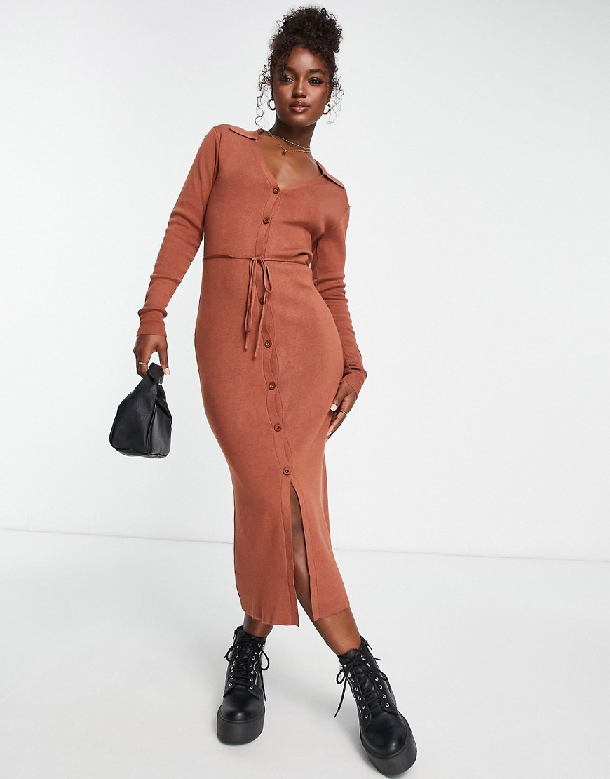 ASOS DESIGN knitted midi dress with open collar and tie waist in brown