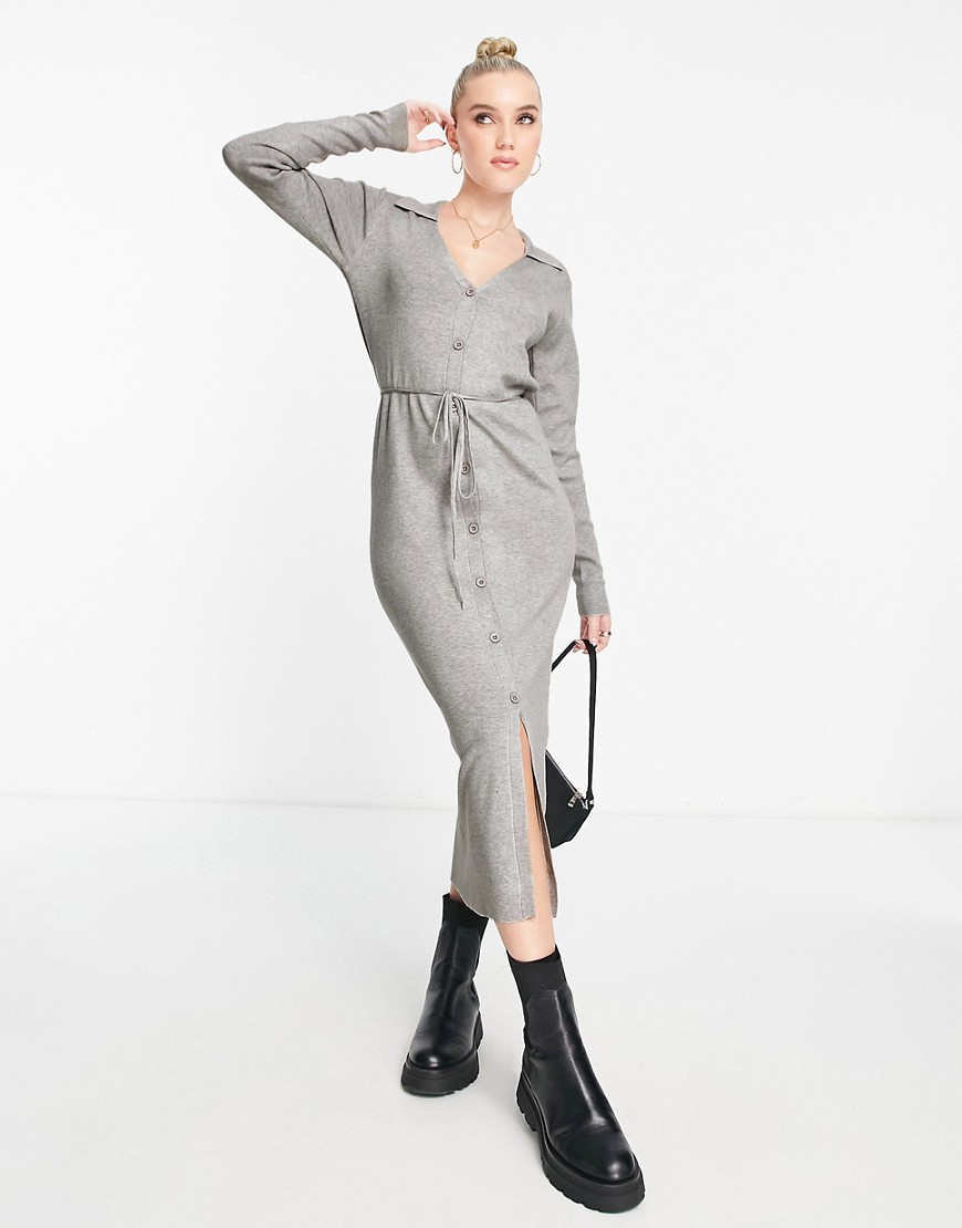 ASOS DESIGN knitted midi dress with open collar and tie waist in gray