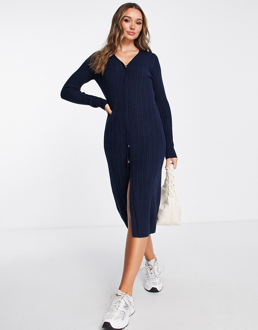 ASOS DESIGN knitted midi dress with popper front in navy